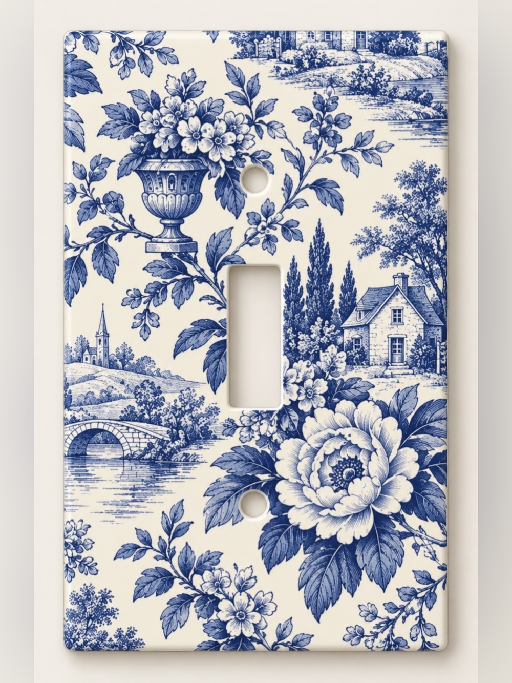 Blue & White Toile Floral Cottage Toggle Light Switch Cover Midway Size